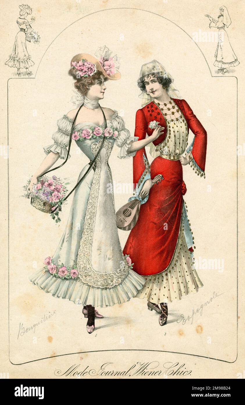 Assiette mode de mode Journal Wiener chic, avec deux styles pour femmes, Bouquetiere et Espagnole. Banque D'Images