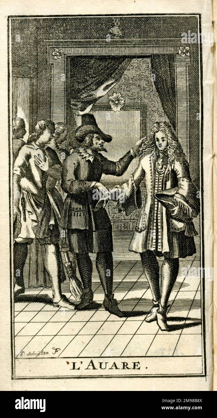 Scène de la pièce de Molière, l'Avar, réalisée pour la première fois en 1668. Banque D'Images