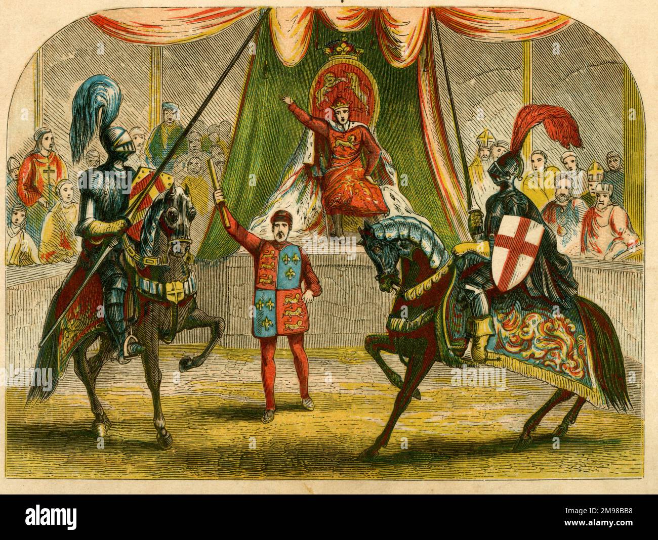 Richard II arrêtant un tournoi entre Thomas Mowbray, duc de Norfolk, et Henry Bolingbroke, duc de Hereford -- une scène qui vient au début de la pièce de Shakespeare, le roi Richard le second. Banque D'Images