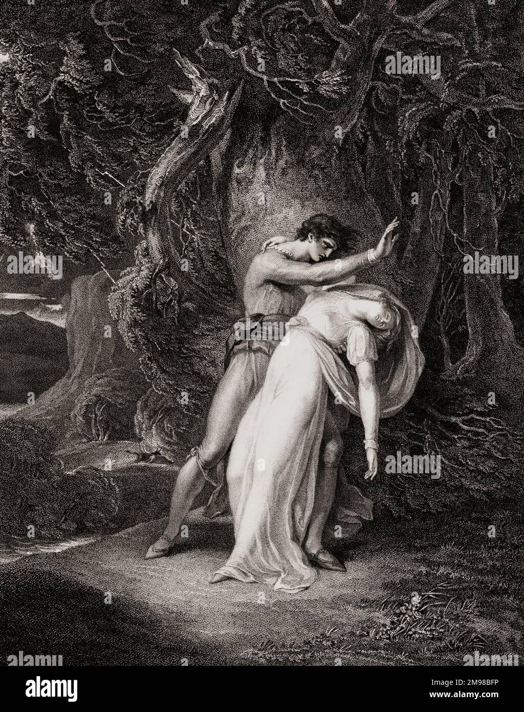 Celadon et Amelia. D'une gravure de Francesco Bartolozzi après la peinture de William Hamilton. Amelia a été frappé par la foudre et meurt dans les bras de Celadon. L'histoire vient d'un poème de l'œuvre du poète écossais James Thomson, The Seasons, en 1776. Banque D'Images