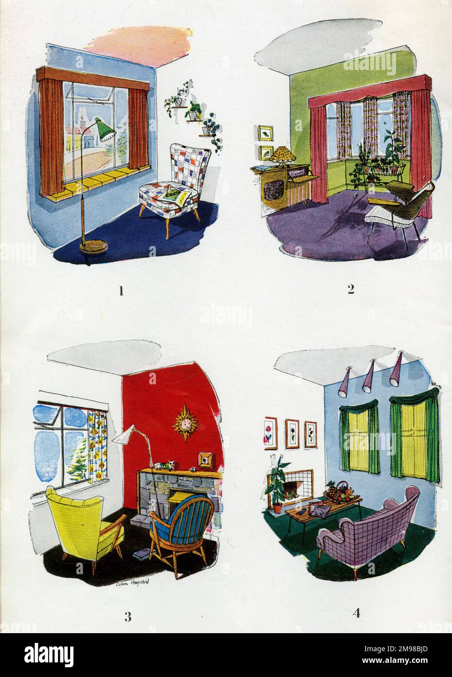 Illustration dans le livre de rideau, montrant quatre pièces différentes d'une maison. Banque D'Images
