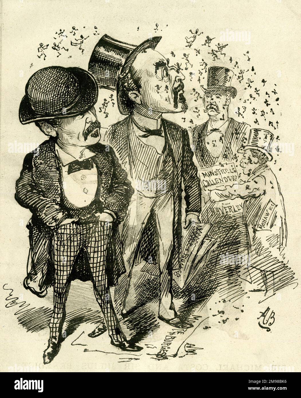 Caricature, Une douche des Noirs -- les Minsterels d'Haverley et les Minsterels de Callender apparaîtront bientôt dans quelques théâtres de Londres (papier américain). Le titre est un pun sur les visages blagés des minstrels et le mot victorien pour les particules de suie qui volent dans l'air. George Washington Moore (1820-1909) et Frederick Burgess, qui ont fondé les Minstrels Moore et Burgess en 1871, sont au premier plan. Ils ne sont pas très heureux de voir que les artistes rivaux font la publicité de leur spectacle. Banque D'Images