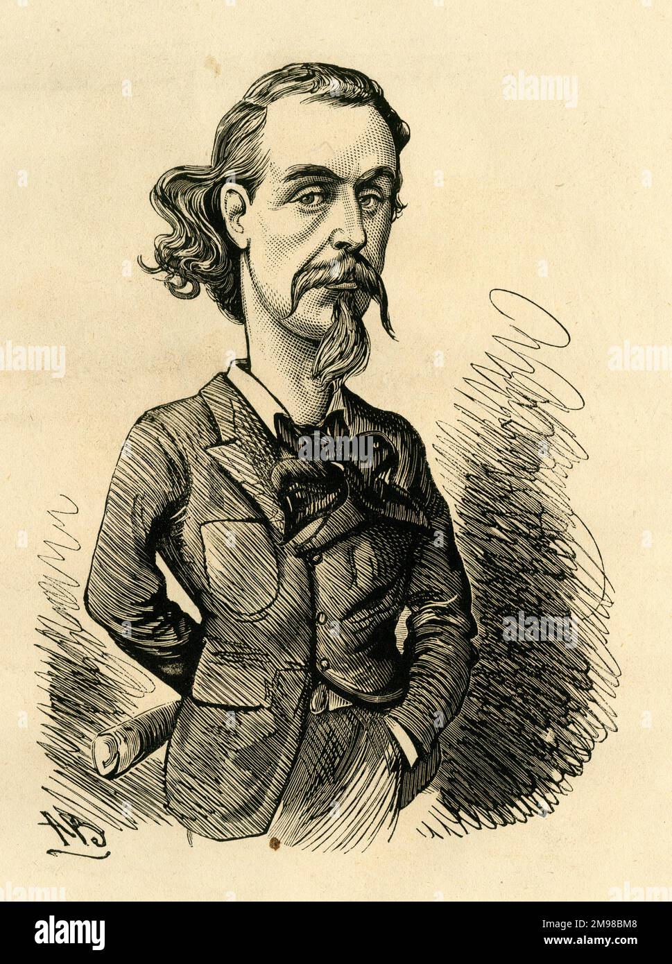 Caricature, Signor Foli (Allan James Foley, 1837-1899), chanteur irlandais d'opéra-basse -- il a étudié Bradshaw (probablement une référence à ses voyages et visites). Banque D'Images