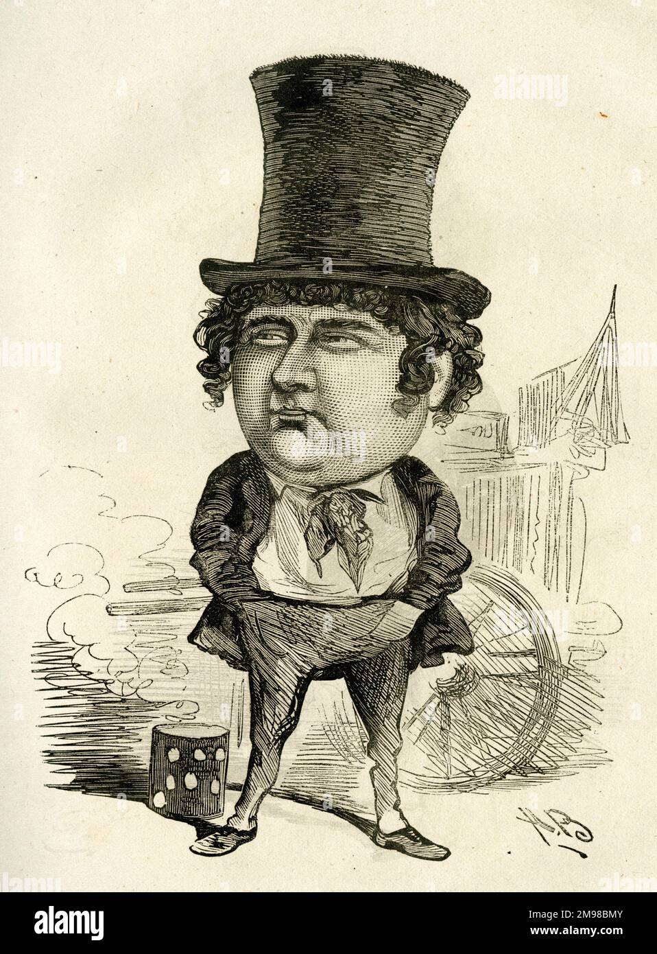 Caricature, Alfred German Reed (1846-1895), acteur et directeur de théâtre, comme Wisdom Pinfold dans Un Moss Rose Rent. Banque D'Images