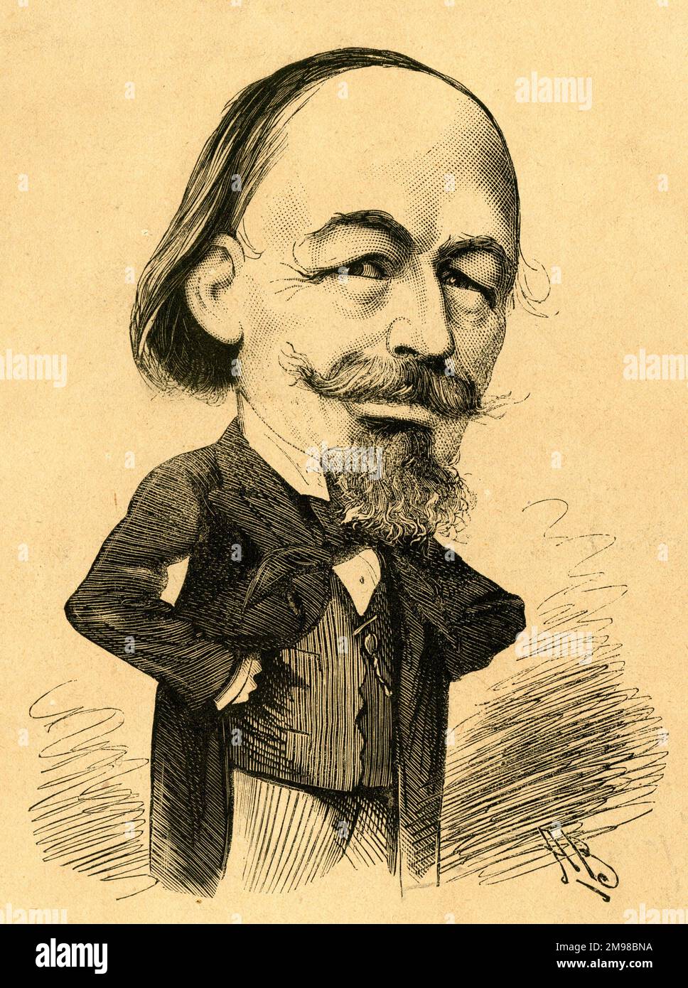Caricature, William Tinsley (1831-1902), éditeur britannique -- Un projet de loi 'du jeu' (pas Shakespeare mais Tinsley). Avec son frère Edward, il fonde la firme des frères Tinsley et publie plusieurs romanciers de l'époque. Banque D'Images