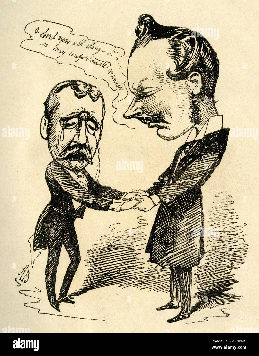 Caricature, Edward et Clement. Edward: Ne soyons plus séparés, cher Clément! Clement: Soyons comme frères, cher Edward! Clement William Scott (à gauche, 1841-1904), est un critique de théâtre anglais influent qui a travaillé pour le Daily Telegraph et d'autres articles. Il était aussi dramaturge, parolier, traducteur et écrivain de voyages. Il est en train de faire une querelle avec Edward Ledger (18??-1921), rédacteur en chef du journal théâtral de l'époque. Banque D'Images