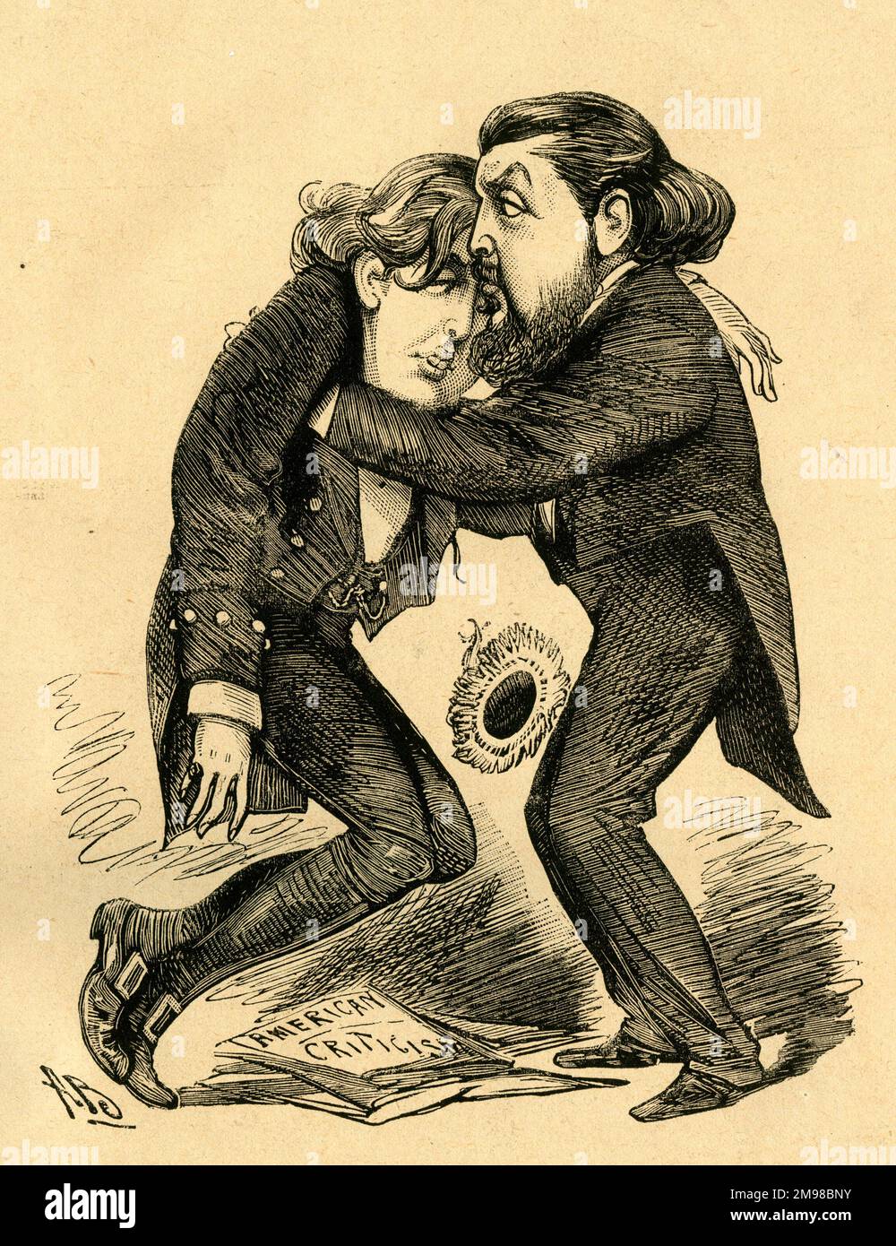 Caricature, Oscar Wilde (1854-1900), poète et dramaturge, réconforté par son frère William Wilde (1852-1899) face à la critique américaine de sa pièce, Vera, qui n'a duré qu'une semaine à New York avant d'être retirée. William dit à Oscar : « ça ne me dérange pas, Oscar ; d'autres grands hommes ont connu leurs échecs dramatiques ! » Banque D'Images