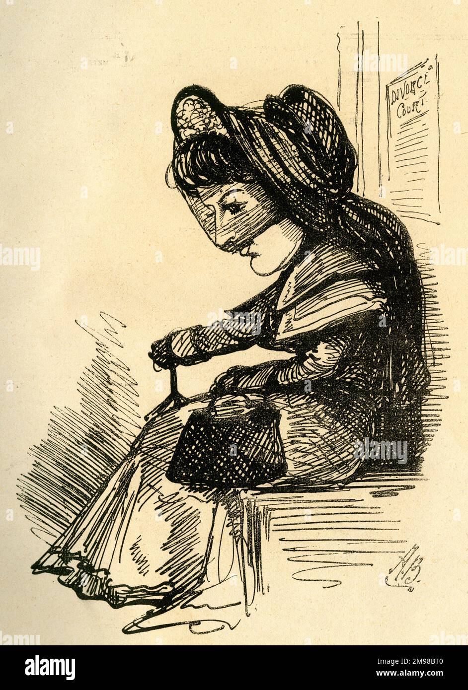 Caricature, Georgina Weldon -- en attente du verdict. Georgina Weldon (1837-1914), chanteuse classique, a été fréquemment impliquée dans des poursuites judiciaires et des affaires de diffamation avec d'autres membres de la profession, entraînant parfois son emprisonnement. Banque D'Images