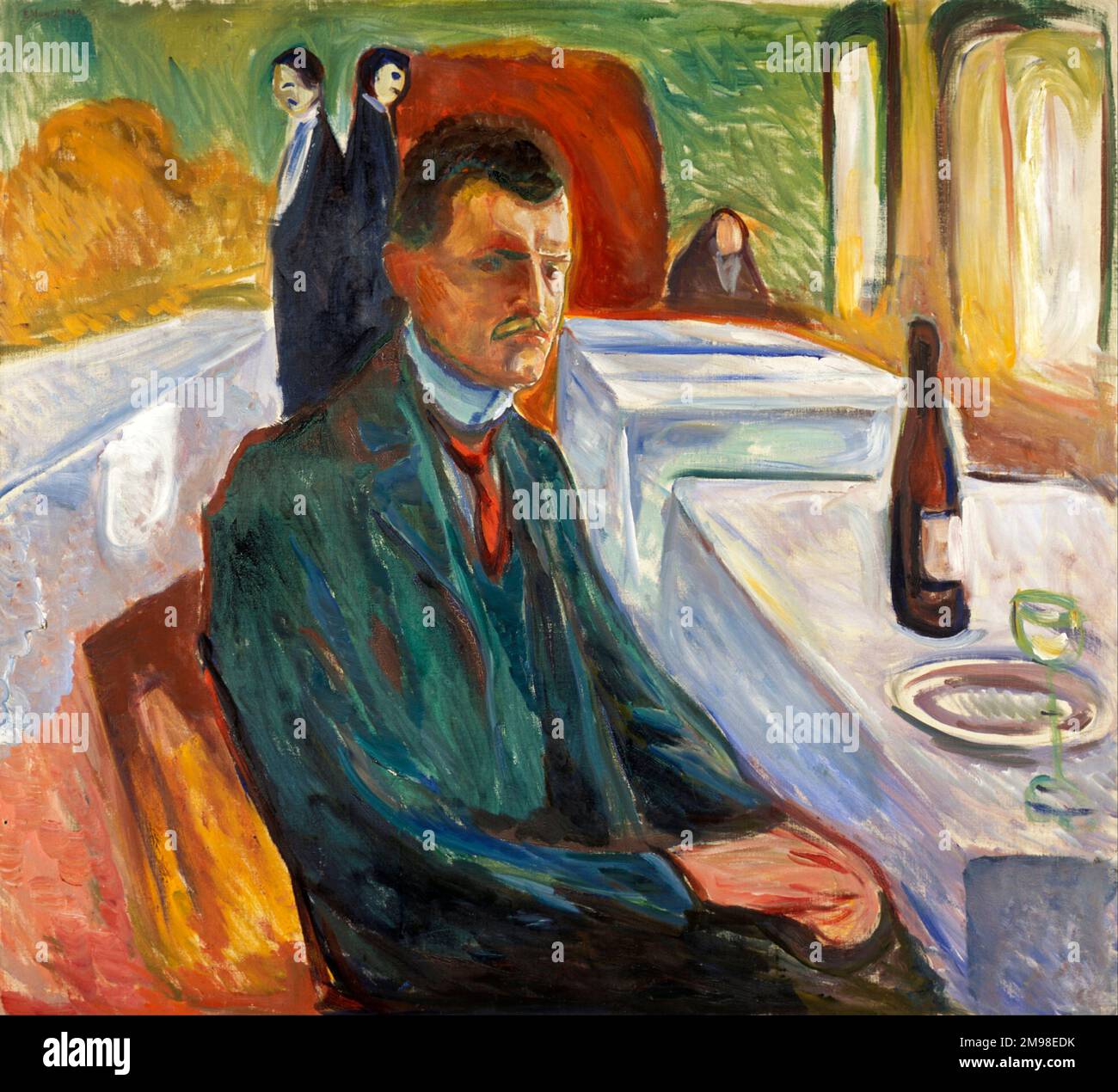 Autoportrait avec une bouteille de vin. Edvard Munch. 1906. Banque D'Images