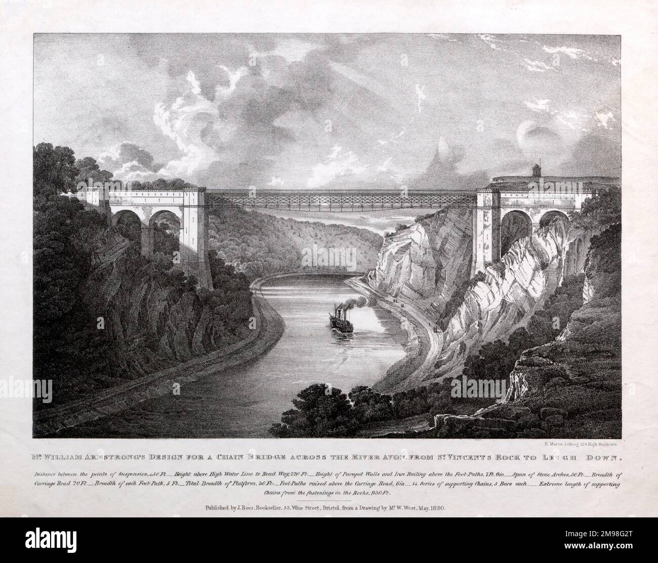La conception de M. William Armstrong pour un pont en chaîne traversant la rivière Avon depuis St. Vincent's Rock à Leigh Down. Il s'agissait d'une conception alternative pour le pont suspendu Clifton. Lithographie de R Martin à partir d'un dessin de W West, mai 1830 Banque D'Images