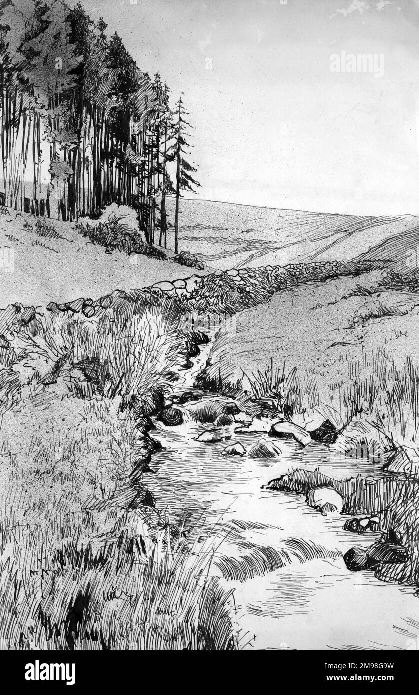 Dessin au stylo et à l'encre par Harold Auerbach, scène rurale avec ruisseau et arbres. Banque D'Images