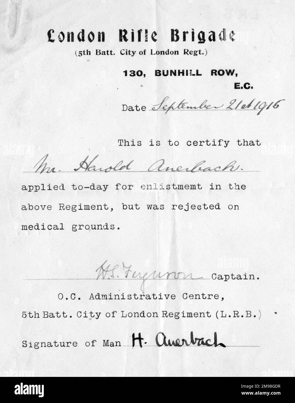Lettre de confirmation déclarant Harold Auerbach (1897-1975) inapte au service militaire pour des raisons médicales, 21 septembre 1916. Il avait demandé l'enrôlement dans la Brigade des fusils à Canon de Londres. Banque D'Images