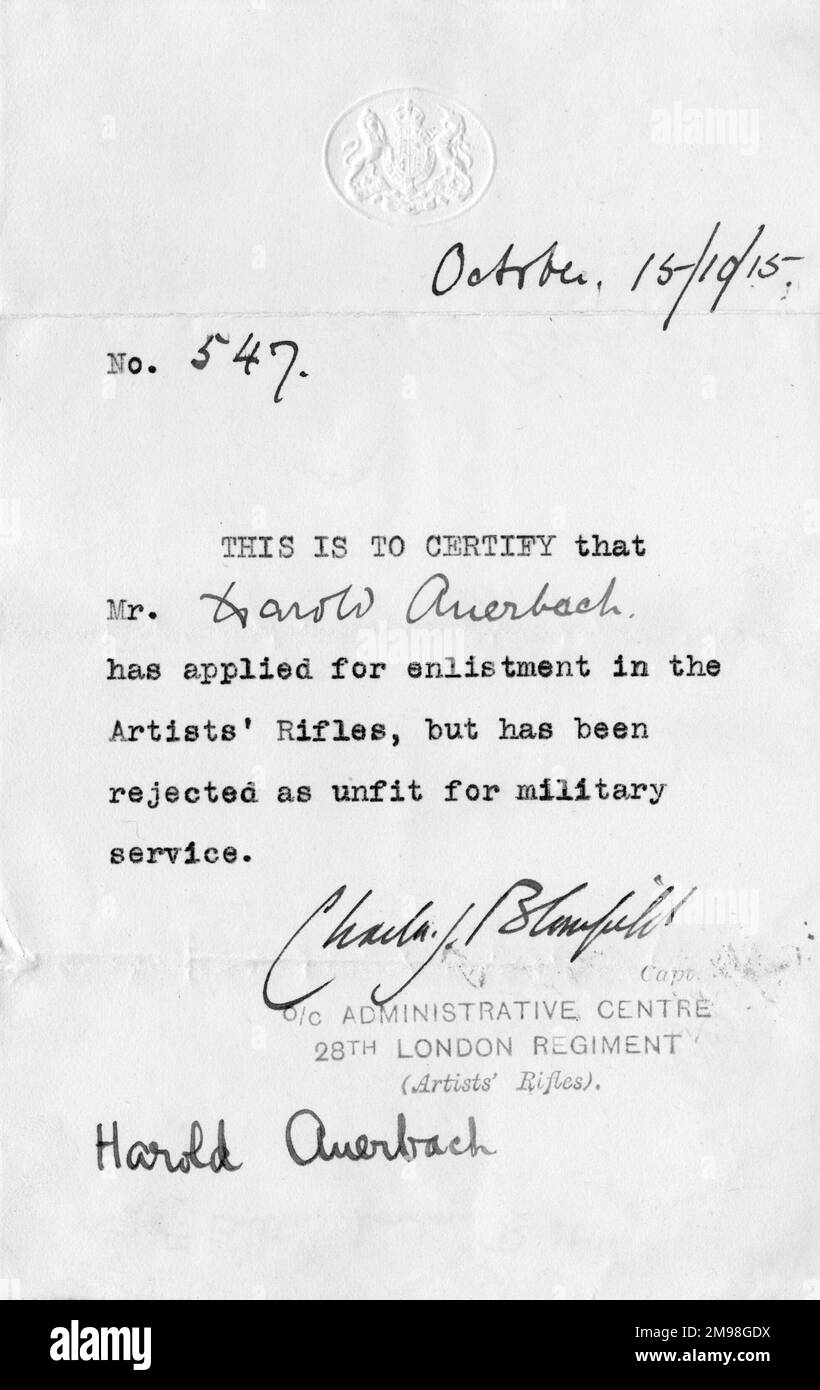 Lettre de confirmation déclarant Harold Auerbach (1897-1975) imapte au service militaire, 15 octobre 1915. Il avait demandé l'enrôlement dans les Artists' Rifles. Banque D'Images