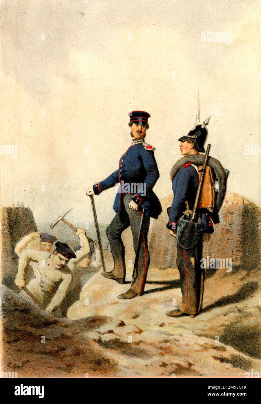 Militaire prussienne, avec des hommes creusant une tranchée. Banque D'Images