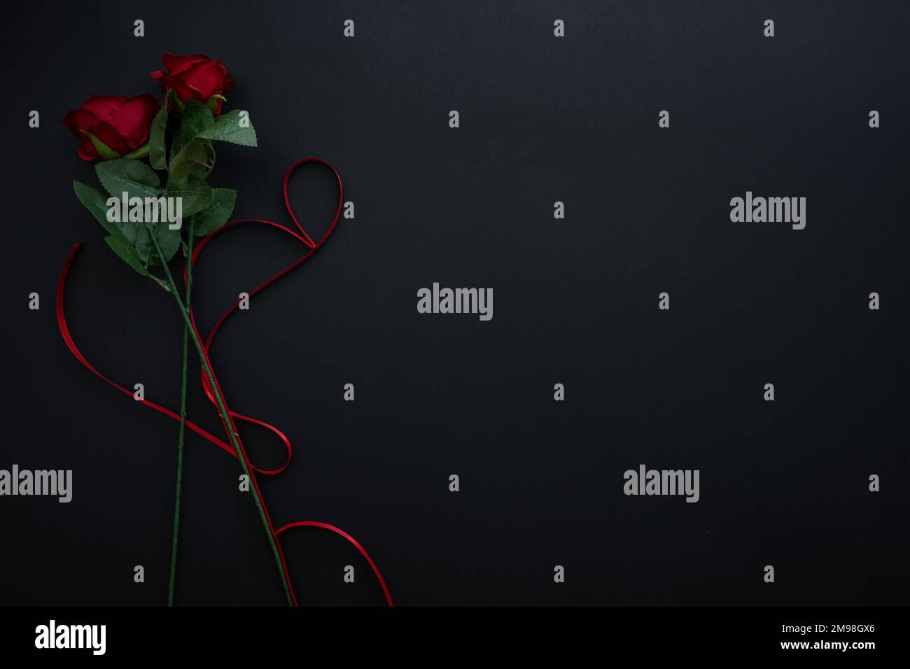 Magnifique fond de jour de Saint Valentin avec ruban rouge, et roses, sur fond de bannière noire. Mariage, anniversaire, Saint-Valentin. 14 février. Banque D'Images