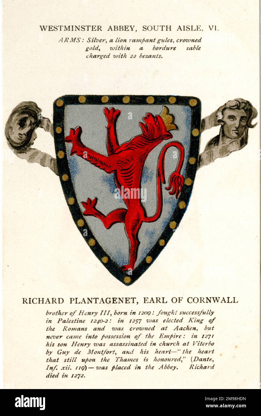 Armes héraldiques, Abbaye de Westminster, Londres - South Allee, VI - Richard Plantagenet, comte de Cornwall. Banque D'Images