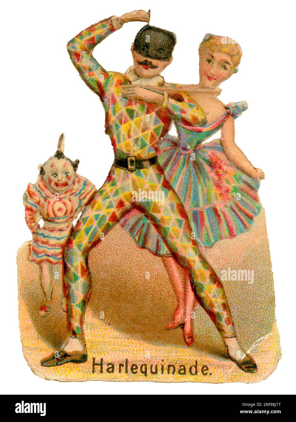 Victorian Scrap - Circus Harlequinade - Harlequin et Columbine, avec un clown en arrière-plan. Banque D'Images