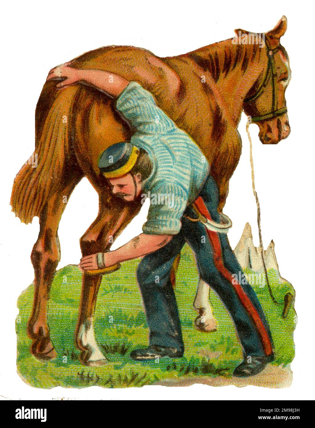 Victorian Scrap - Soldier Grooming Horse. Banque D'Images