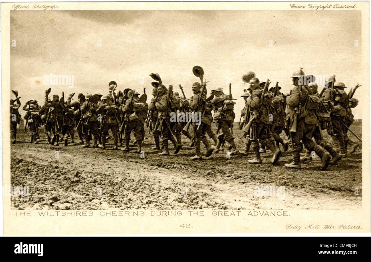 Wiltshires applaudit lors d'une grande avance, WW1. Banque D'Images