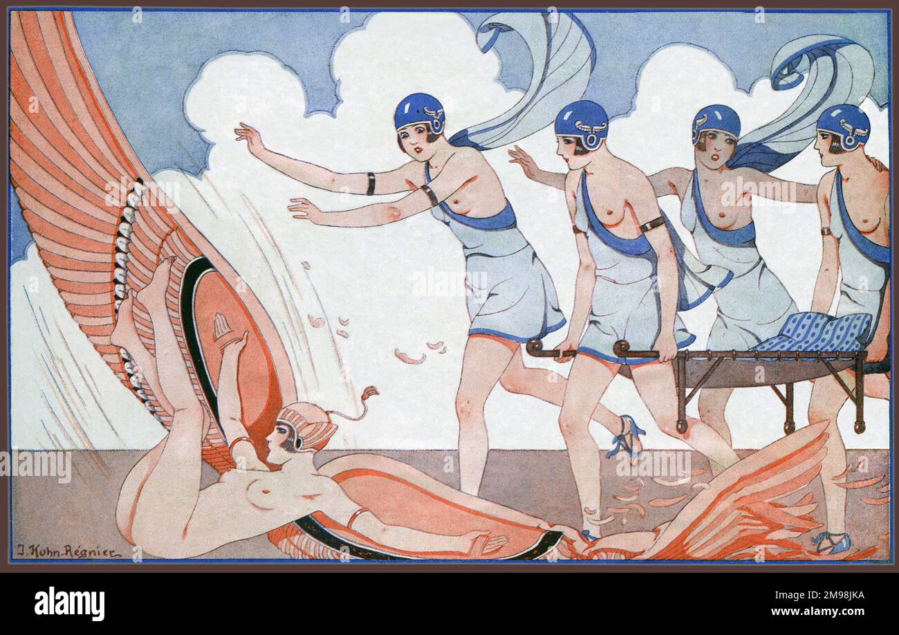 Gravure Art Déco Kuhn-Régnier - Estampe Aquarellée Au Pochoir - Thème Médecine Hippocrate (1932-1934)