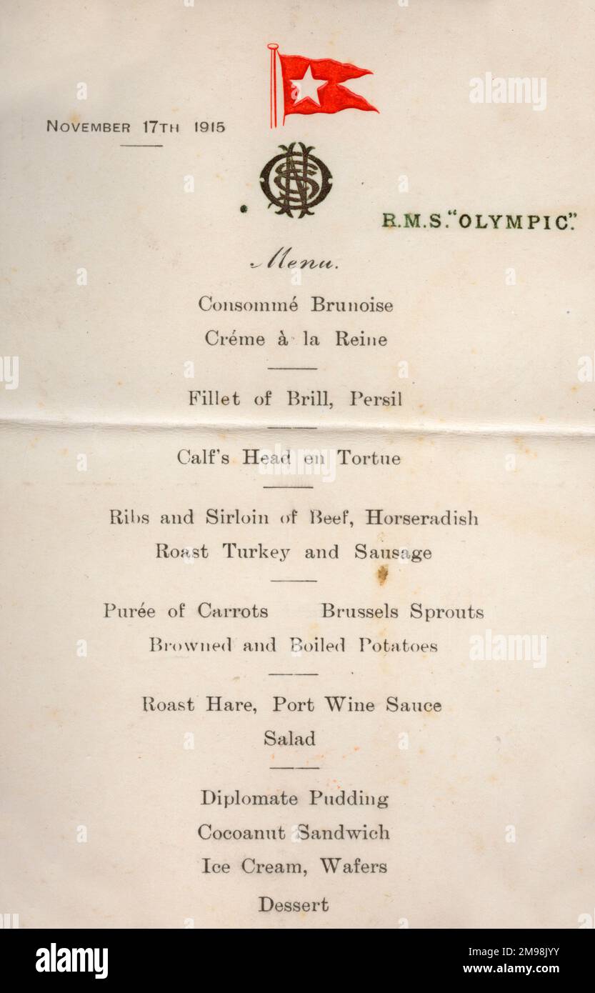 Carte de menu, RMS Olympic, White Star Line, 17 novembre 1915. À ce moment-là, le navire était utilisé pour transporter des troupes à Gallipoli. Banque D'Images