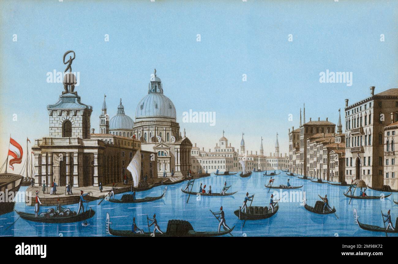 Peinture aquarelle, Grand Canal avec bateaux à Venise, Italie. Banque D'Images