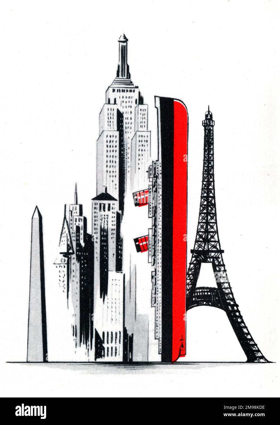 Illustration dans le monde des merveilles de navires -- La longueur de 1031 pieds du paquebot Queen Elizabeth Cunard, par rapport à la hauteur de l'Empire State Building à New York, de la Tour Eiffel à Paris, du Chicago Board of Trade, de l'édifice Penobscot à Detroit, du Washington Monument, de l'hôtel de ville de Philadelphie, de la Boston Custom House et de la Smith Tower à Seattle. Banque D'Images