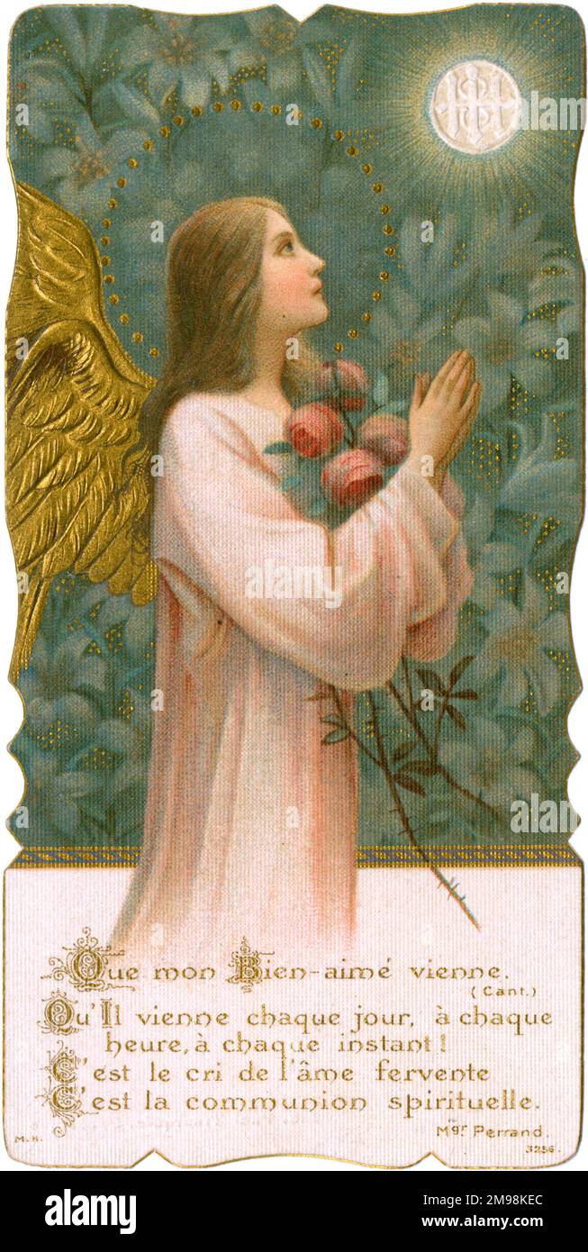 Carte de visite Chromolithograph avec un ange tenant un bouquet de roses - carte souvenir pour la première communion de Henriette Pannier à l'église paroissiale Saint Jean-Baptiste le 18 mai 1911 à Dunkerque, France. Banque D'Images Carte de visite Chromolithograph avec un ange tenant un bouquet de roses - carte souvenir pour la première communion de Henriette Pannier à l'église paroissiale Saint Jean-Baptiste le 18 mai 1911 à Dunkerque, France. Banque D'Images