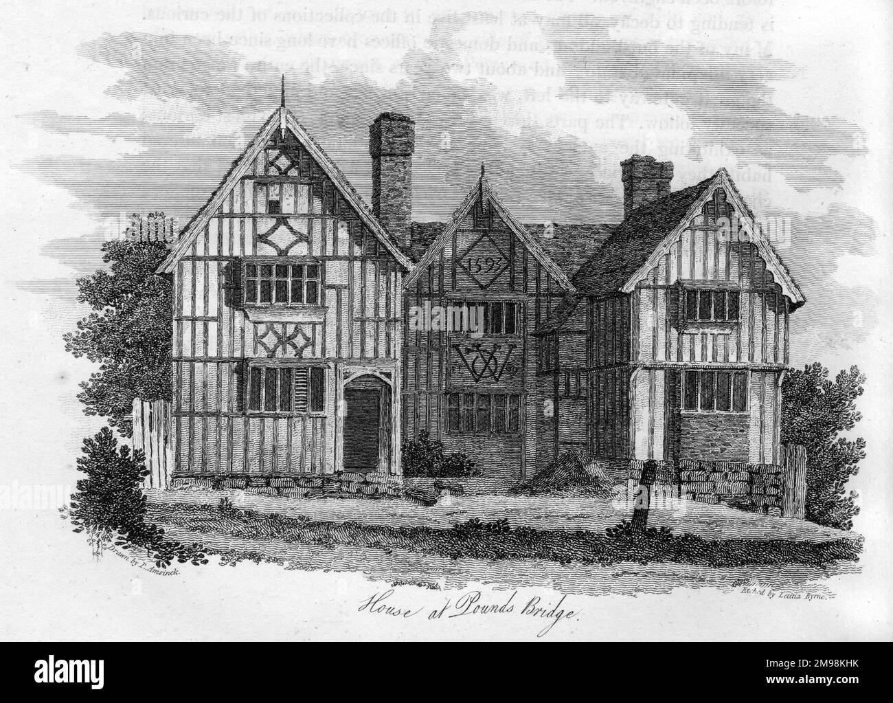 Ancienne maison à Poundsbridge, Bridge Street, près de Penshurst, Kent. La date sur le pignon intermédiaire est 1593, et les initiales en dessous de lui, WD, stand pour William Darkenoll (ou Darknoll), le recteur de Penshurst, pour qui il a été construit. Banque D'Images