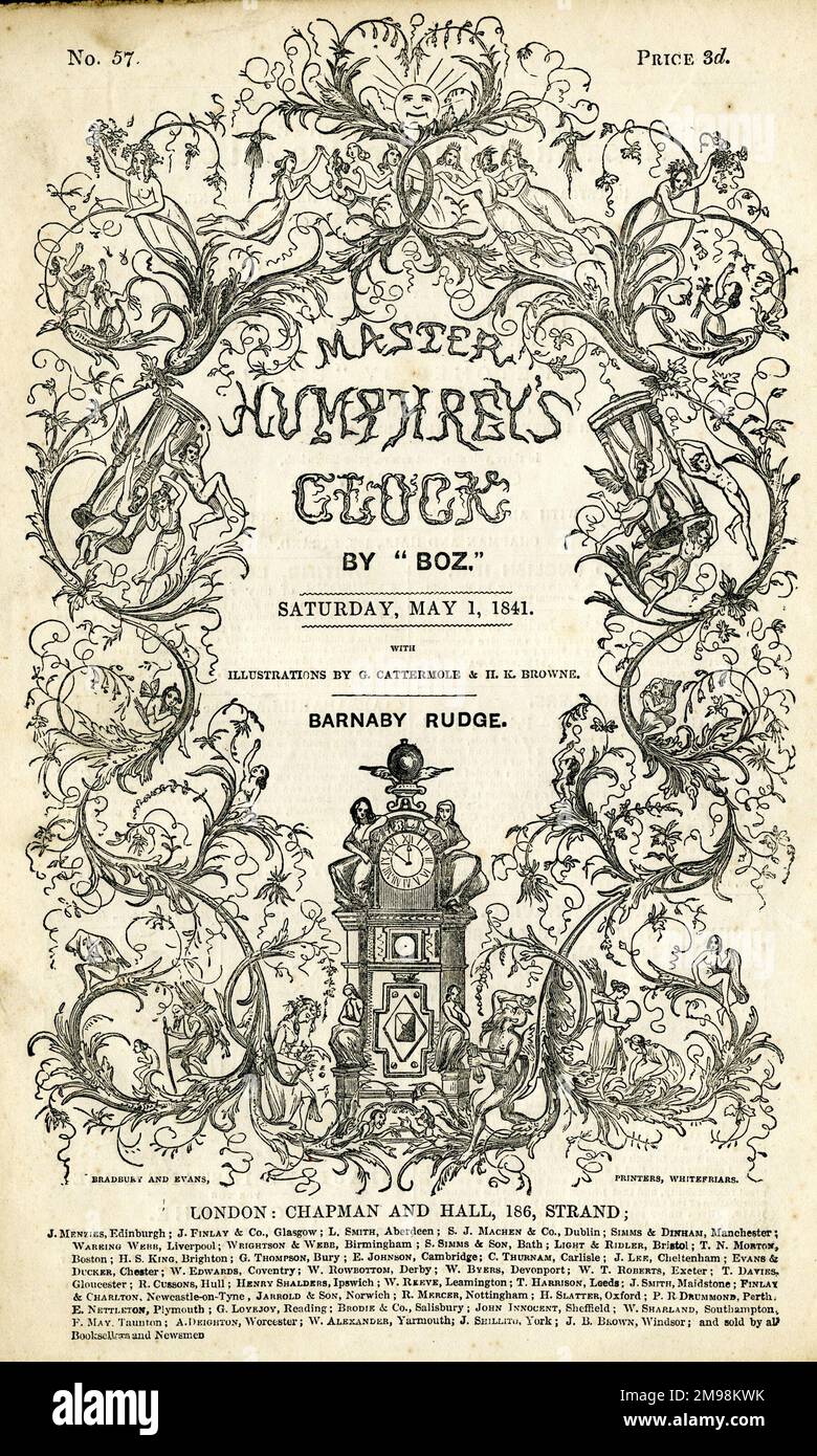 Cover design, Master Humphrey's Clock, un périodique hebdomadaire édité et écrit par Charles Dickens, publié du 4 avril 1840 au 4 décembre 1841. Ce numéro, daté du 1 mai 1841, contient une partie de son roman Barnaby Rudge, avec des illustrations de G Cattermole et H K Browne. Banque D'Images