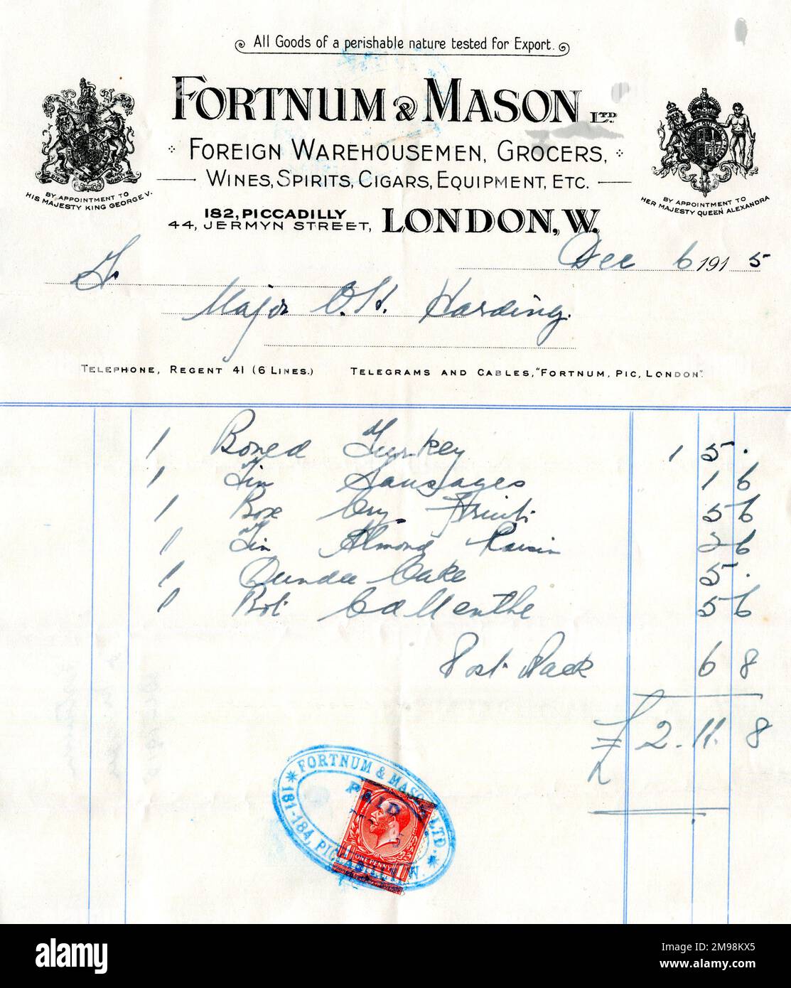Papeterie, Fortnum & Mason Ltd, Piccadilly et Jermyn Street, Londres, avec détails manuscrits. Banque D'Images