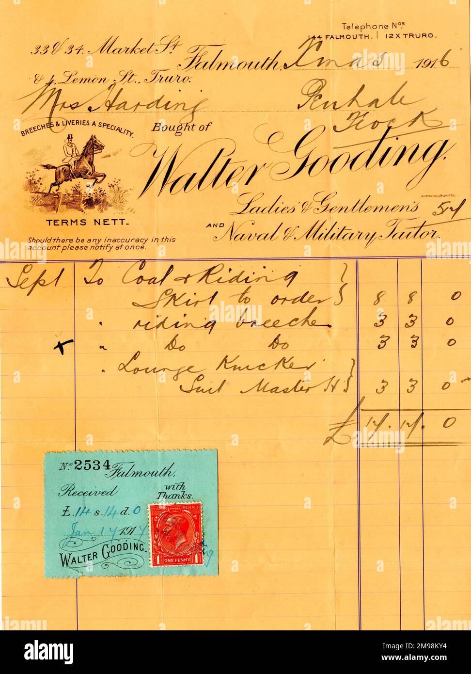 Papeterie, Walter Gooding, tailleur, avec détails manuscrits pour les vêtements d'équitation. Banque D'Images