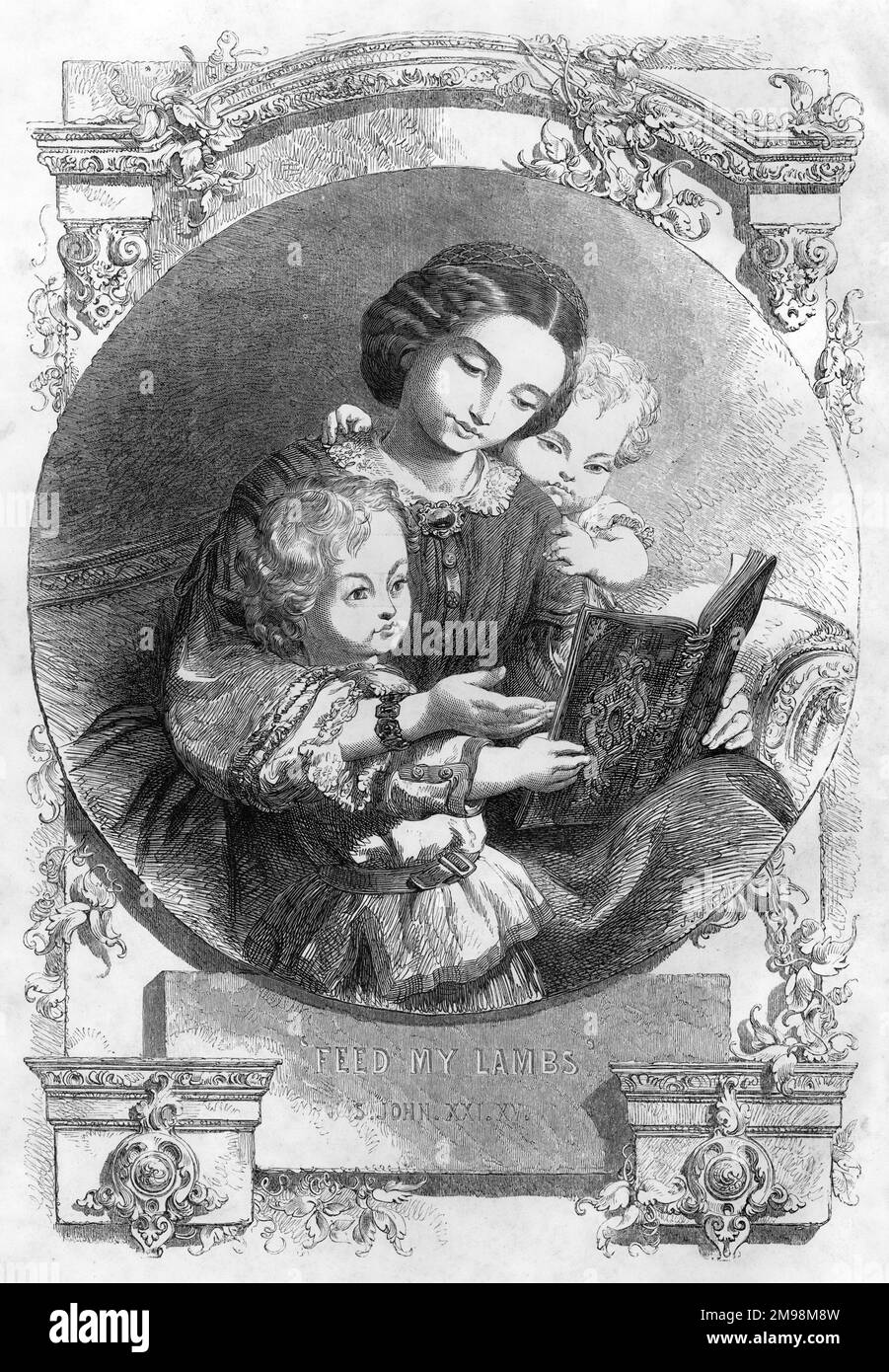 Frontispice, l'alphabet de la photo de la mère -- nourrir mes agneaux, Saint Jean XXI XV (chapitre 21, verset 15). Une jeune mère lit un livre à ses deux enfants. Banque D'Images