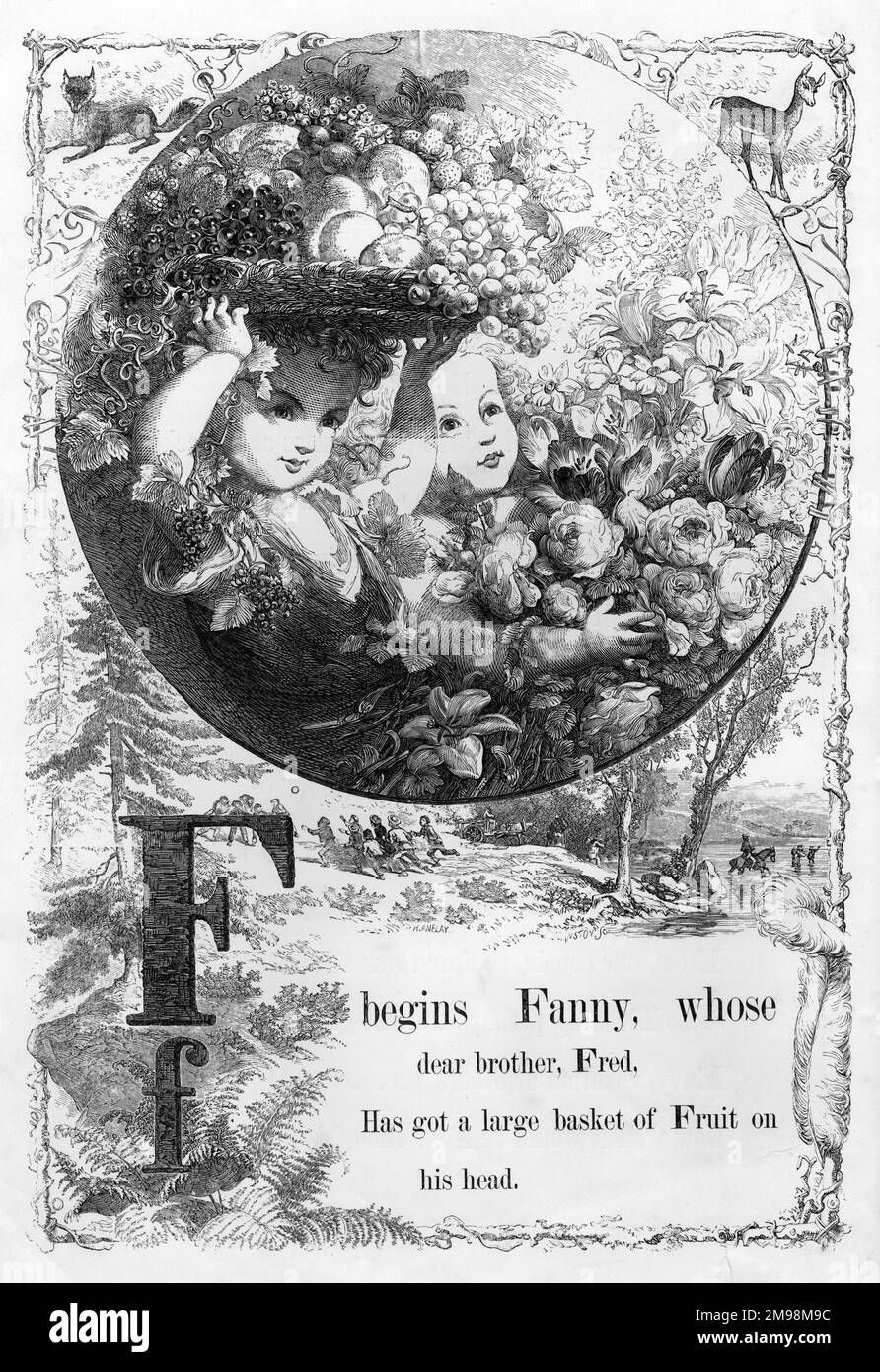 La photo de la mère Alphabet -- F, montrant deux enfants avec des fruits et des fleurs. Banque D'Images