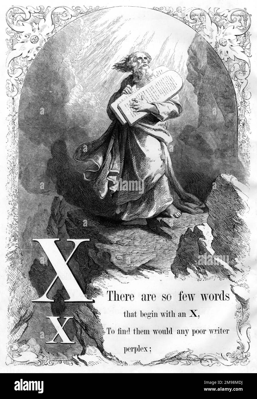L'alphabet de l'image de la mère -- X, montrant Moïse avec les dix Commandements. Banque D'Images