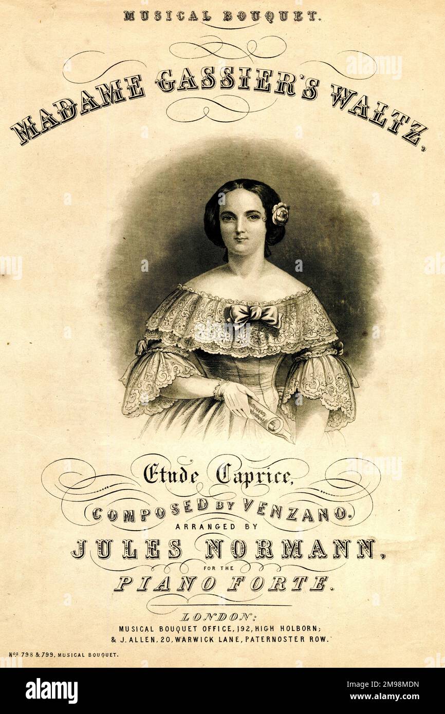 Couverture musicale, Waltz de Madame Gassier, Etude Caprice, composée par Venzano, organisée par Jules Normann pour la pianoforte. Banque D'Images