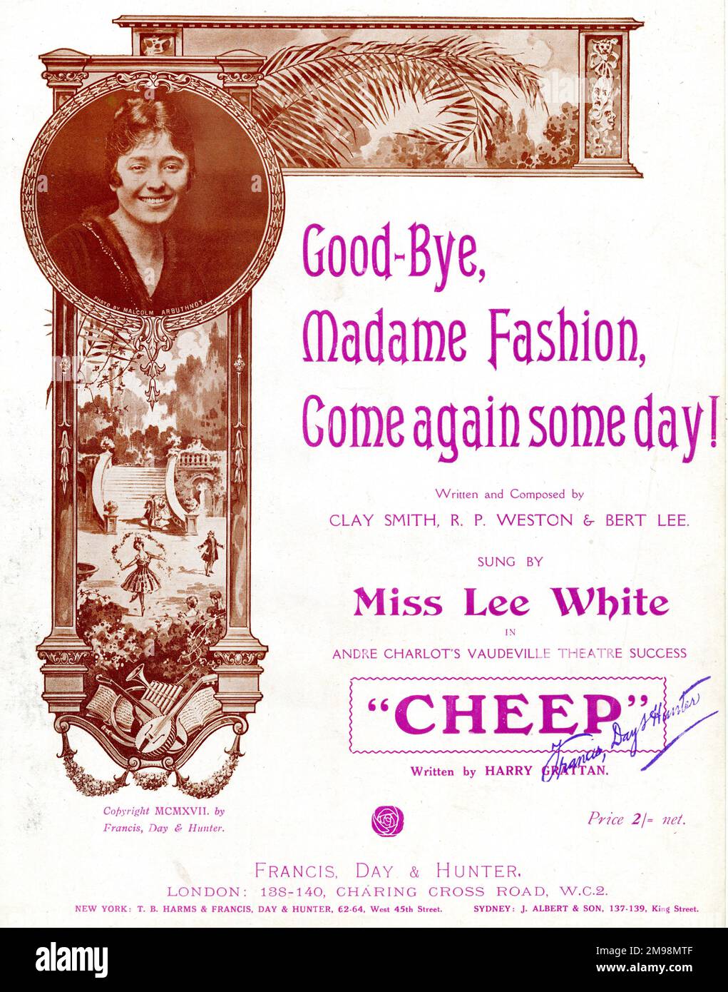 Music Cover, Good-Bye, Madame Fashion, revenez un jour! Chanté par Mlle Lee White dans un succès de théâtre Vaudeville, Cheep. Banque D'Images