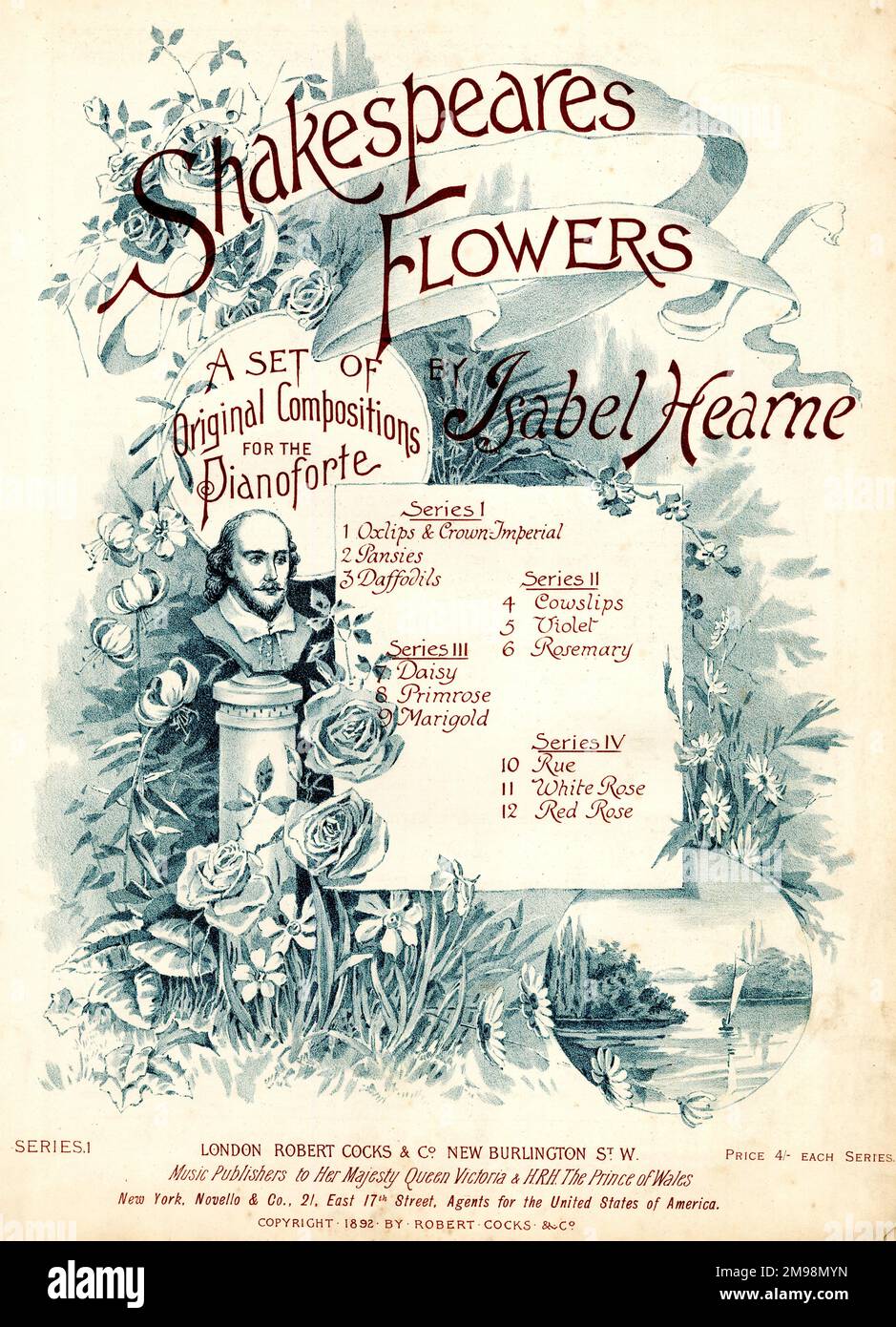 Couverture musicale, fleurs de Shakespeare, un ensemble de compositions originales pour le pianoforte d'Isabel Hearne. Banque D'Images