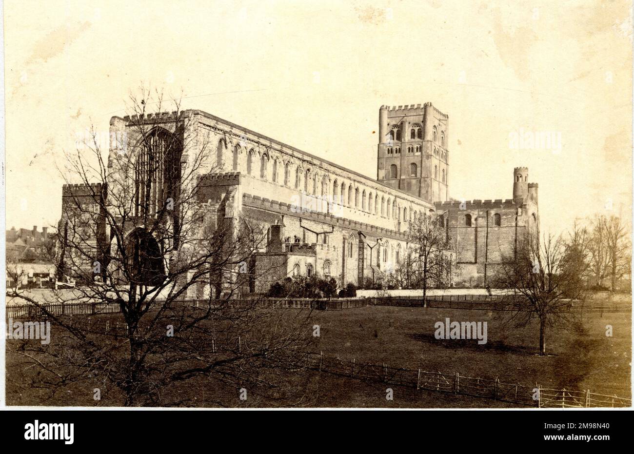 Abbaye de St Albans (cathédrale), face ouest, avant les ajouts de Grimthorpe au début de 1880s. Banque D'Images
