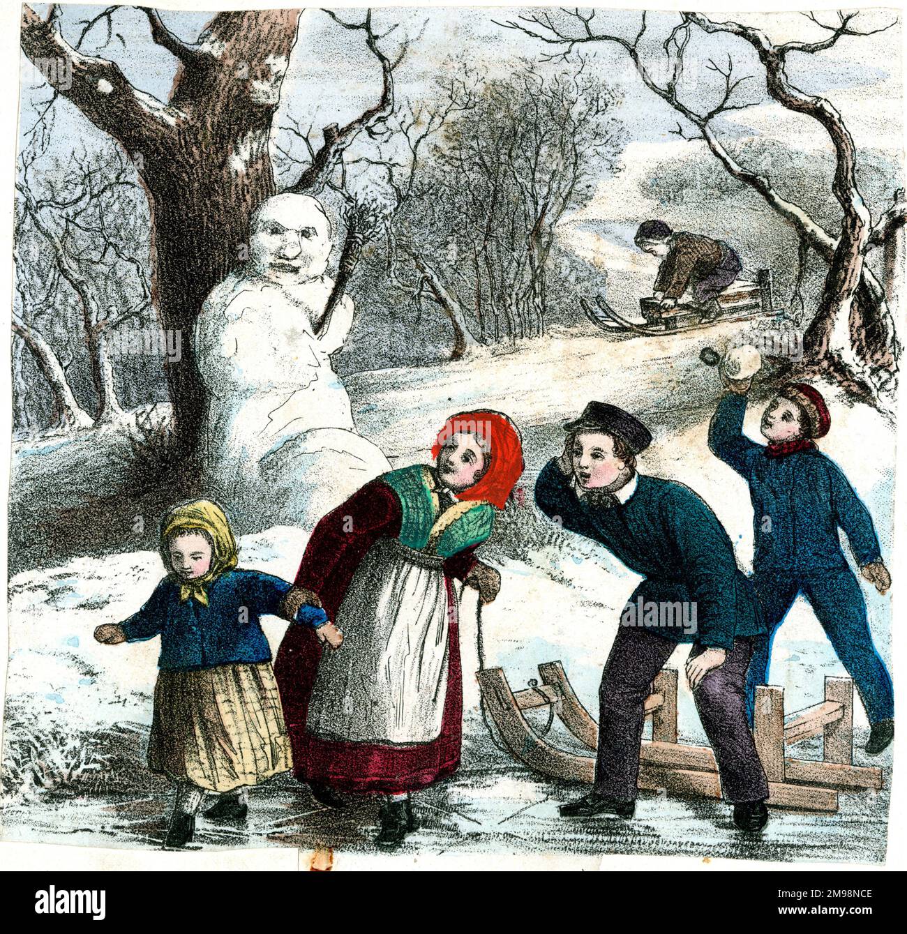 Imprimé allemand - four Seasons, enfants dans une scène d'hiver, avec un bonhomme de neige et des luges. Banque D'Images