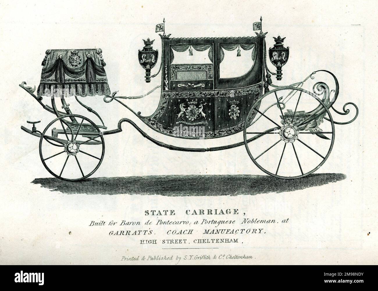 Publicité, Garratt Coach Manufactory, High Street, Cheltenham - une voiture d'état construite pour le Baron de Pontecarvo, un noble portugais. Banque D'Images