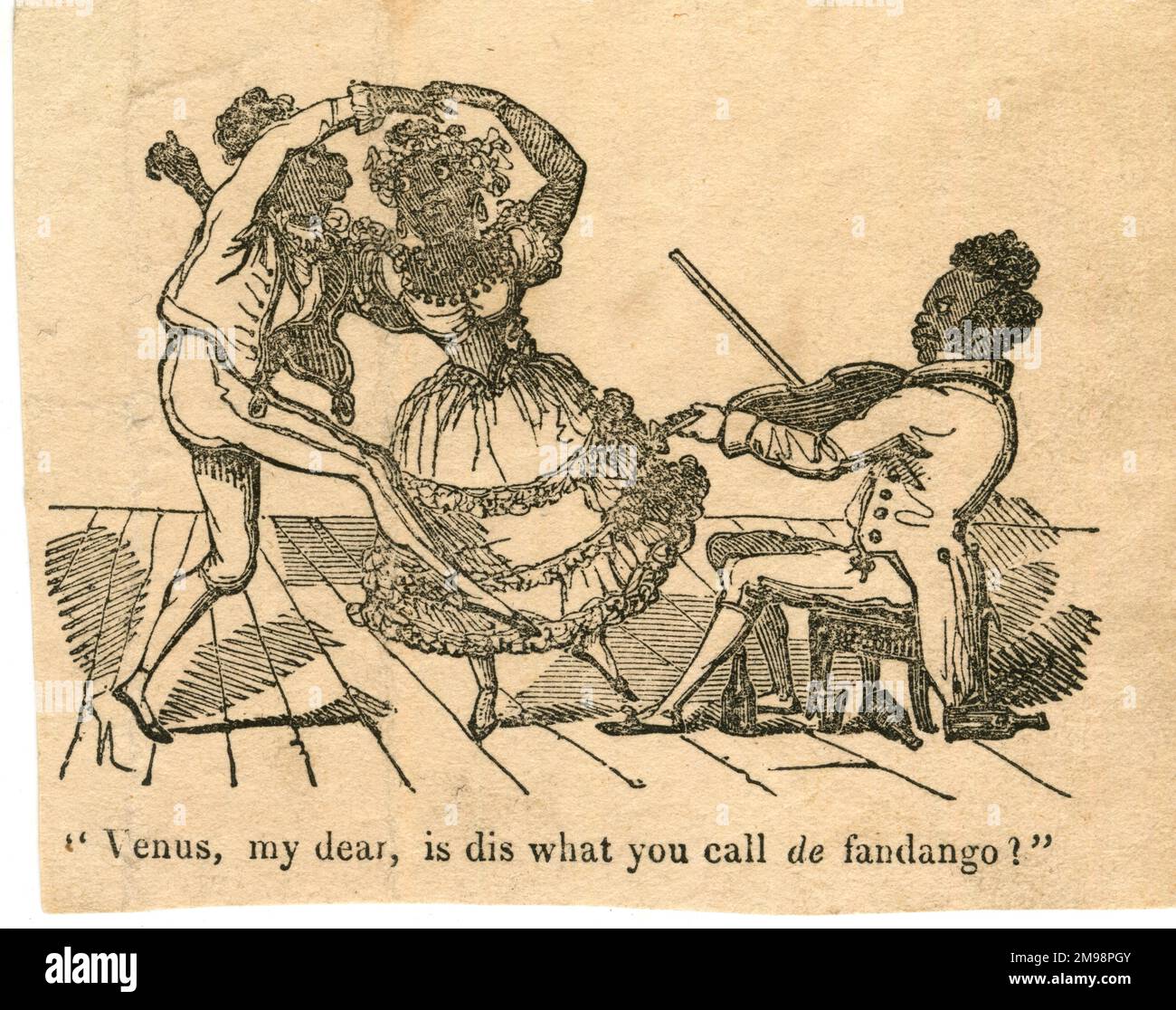 Caricature, danseurs et violoniste, stéréotypes noirs. Banque D'Images