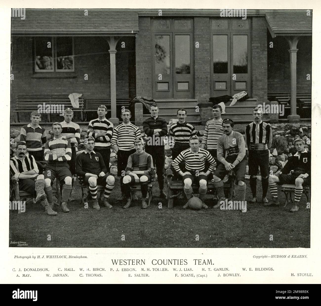 Équipe de rugby des comtés occidentaux : Donaldson, Hall, Birch, Ebdon, Toller, LIAs, Gamlin, Bildings, May, Jarman, Thomas, Salter, Soane, Bowley, Stole. Banque D'Images