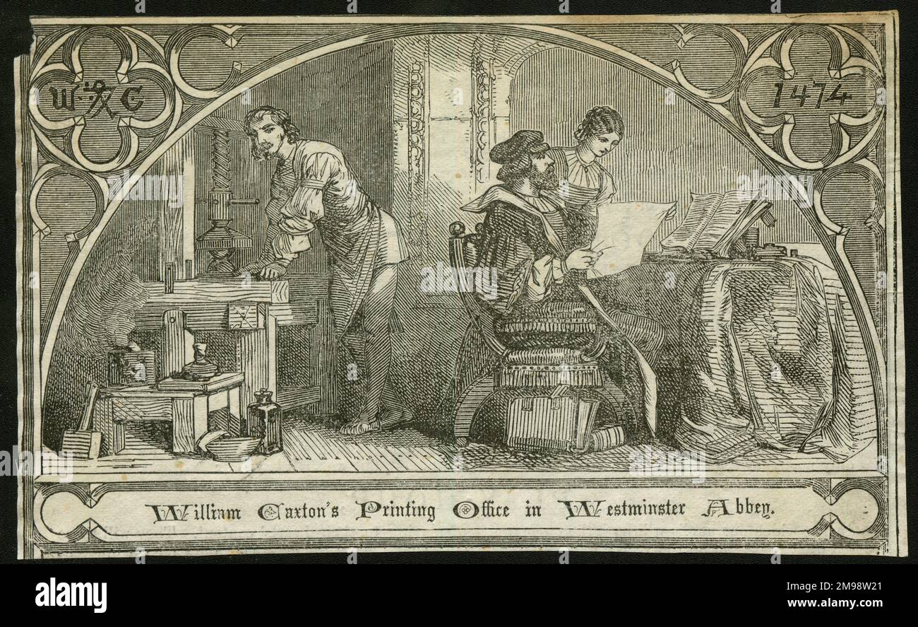 Bureau d'impression de William Caxton à Westminster Abbey, Londres. Banque D'Images