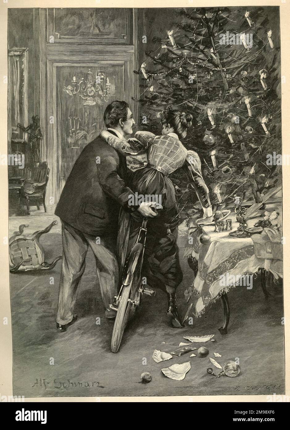 Un moment critique par Alfred Schwarz - une femme conduit son vélo (sans doute un cadeau de Noël) dans une table, cassant un peu de vaisselle. Banque D'Images
