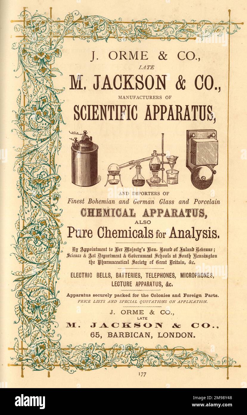Publicité, J Orme & Co (anciennement M Jackson & Co), fabricants d'appareils scientifiques et chimiques, Barbican, Londres. Banque D'Images