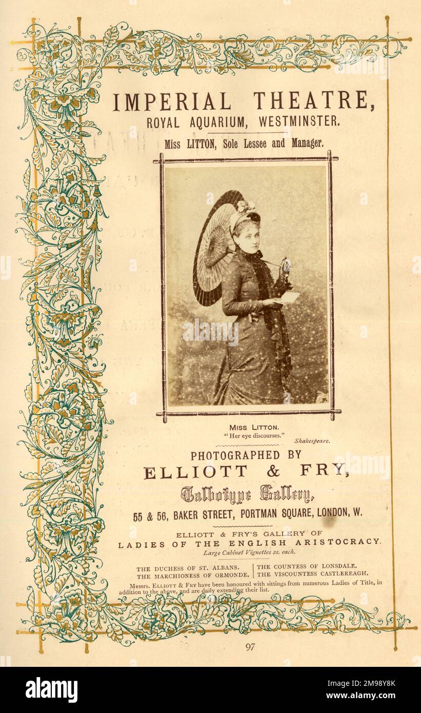 Publicité pour Elliott et Fry, photographes -- Miss Marie Litton (1847-1884), actrice et directrice de théâtre anglaise, Sole Lessee et directrice, Imperial Theatre, Royal Aquarium, Londres. Banque D'Images