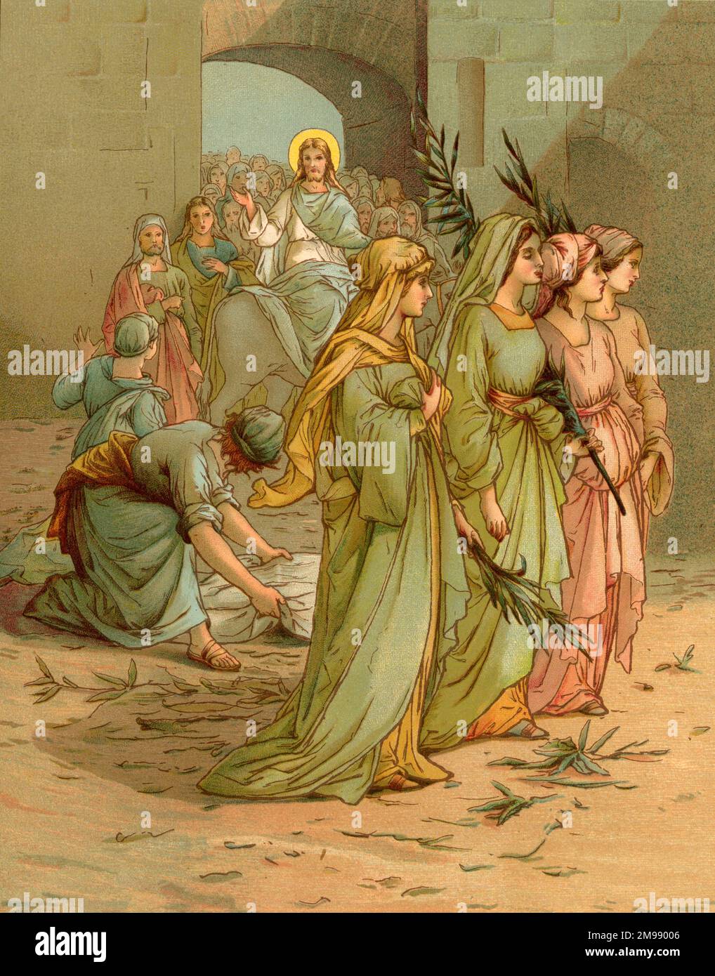 Contes bibliques de John Lawson, Jésus entre à Jérusalem le dimanche des palmiers. Banque D'Images