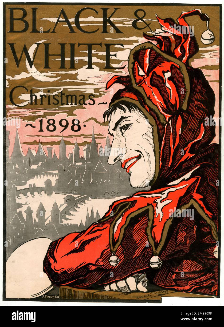 Couverture, magazine noir et blanc, Noël 1898, clown à fond blanc en costume rouge. Banque D'Images