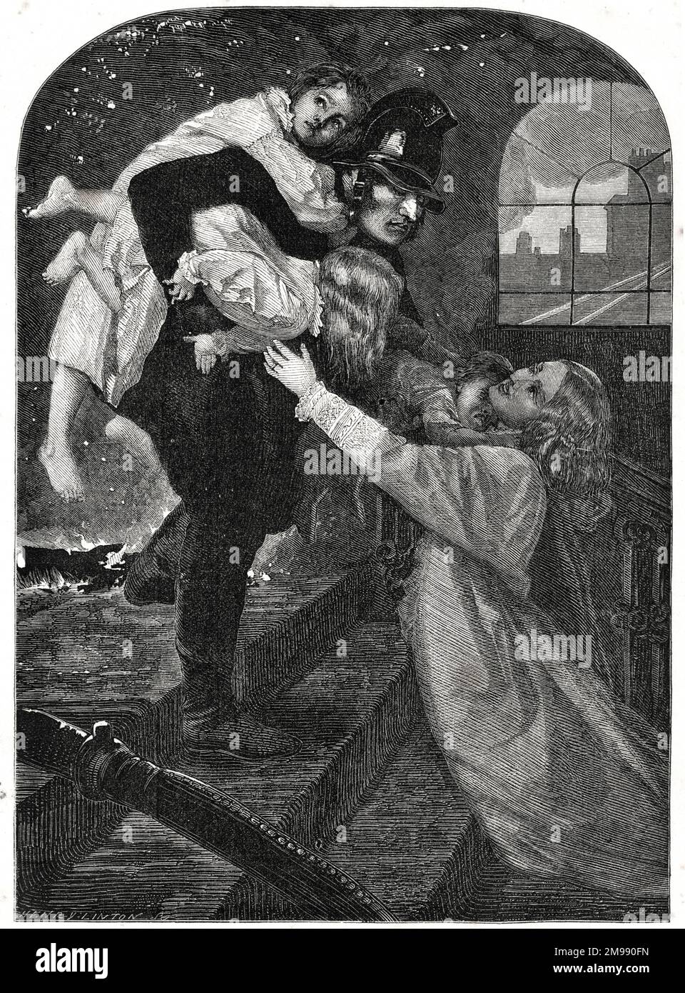 John Everett Millais, The Rescue - un pompier sauve trois enfants et les renvoie à leur mère. Banque D'Images